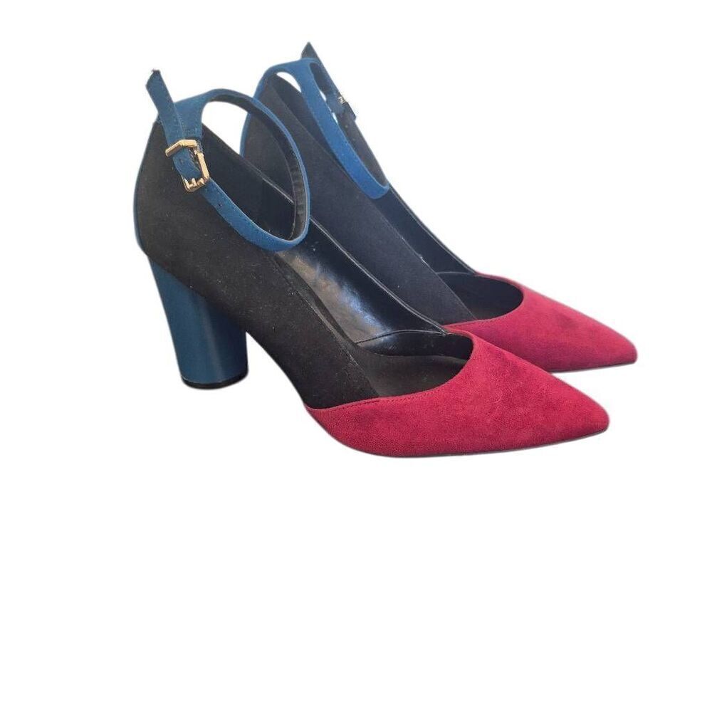 Mix No. 6 Suede Colorblock Black, Burgundy & Blue 4" Heels w Ankle Strap
